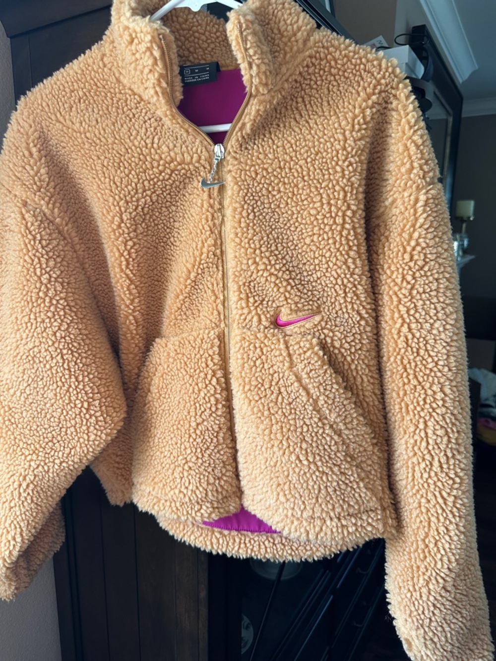 Nike Peach Sherpa Jacket with Pink Swoosh Accent